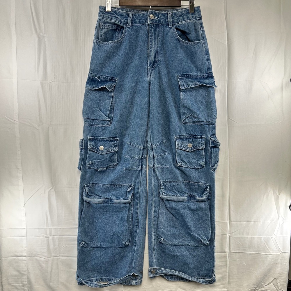 Forever 21 Cargo Jeans Womens 28 Blue Wide Leg Multi Pocket High‎ Rise Utility *